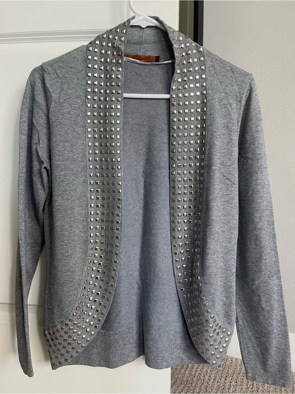 Gray Studded Open Front Cardigan, Size Medium